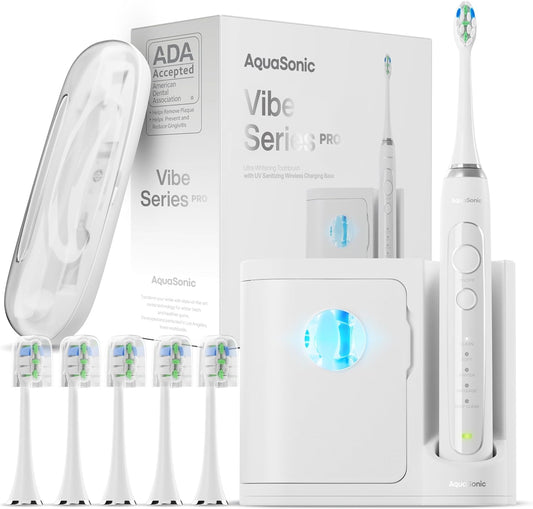 Aquasonic Vibe Series PRO \u2013 Ultra-Whitening Power Toothbrush \u2013 5 Modes & Smart Timers \u2013 UV Sanitizing Base \u2013 ADA Accepted (Optic White)