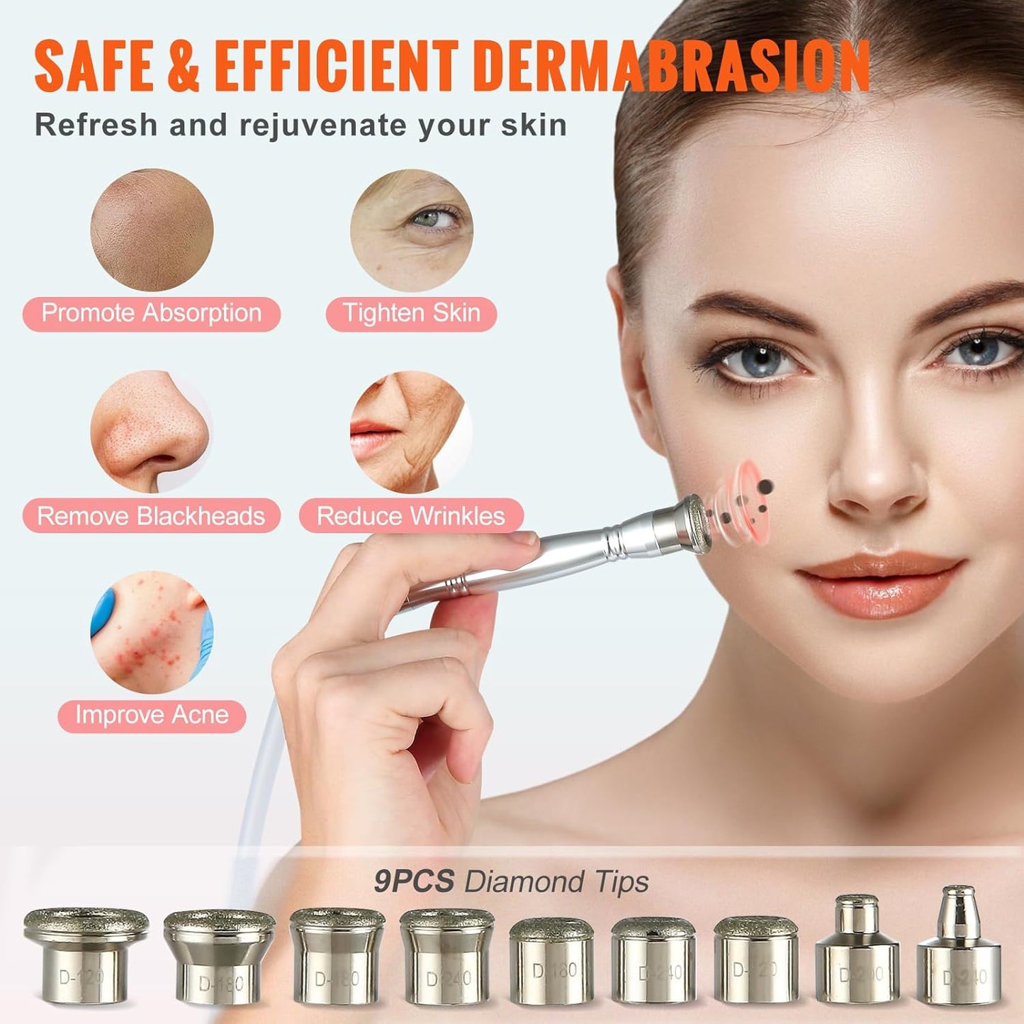 VEVOR Diamond Microdermabrasion Machine 3 in 1 Professional Dermabrasion Machine with 70cmHg Maximum Suction, 9 Diamond Tips, 2 Spray Bottles, 3 Vacuum Tubes for Home Use