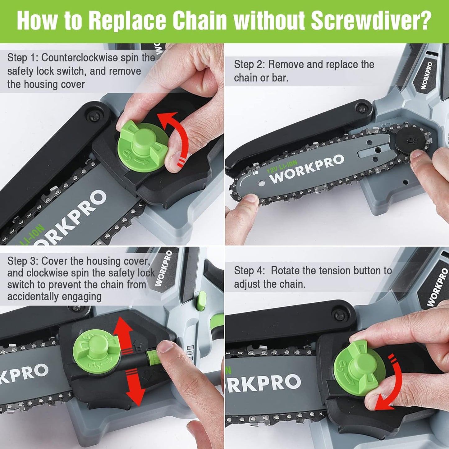 WORKPRO Mini Chainsaw, 6.3\u201C Cordless Electric Compact Chain Saw with 2 Batteries, One-Hand Operated Portable Wood Saw with Replacement Guide Bar and Chain for Garden Tree Branch Pruning, Wood Cutting