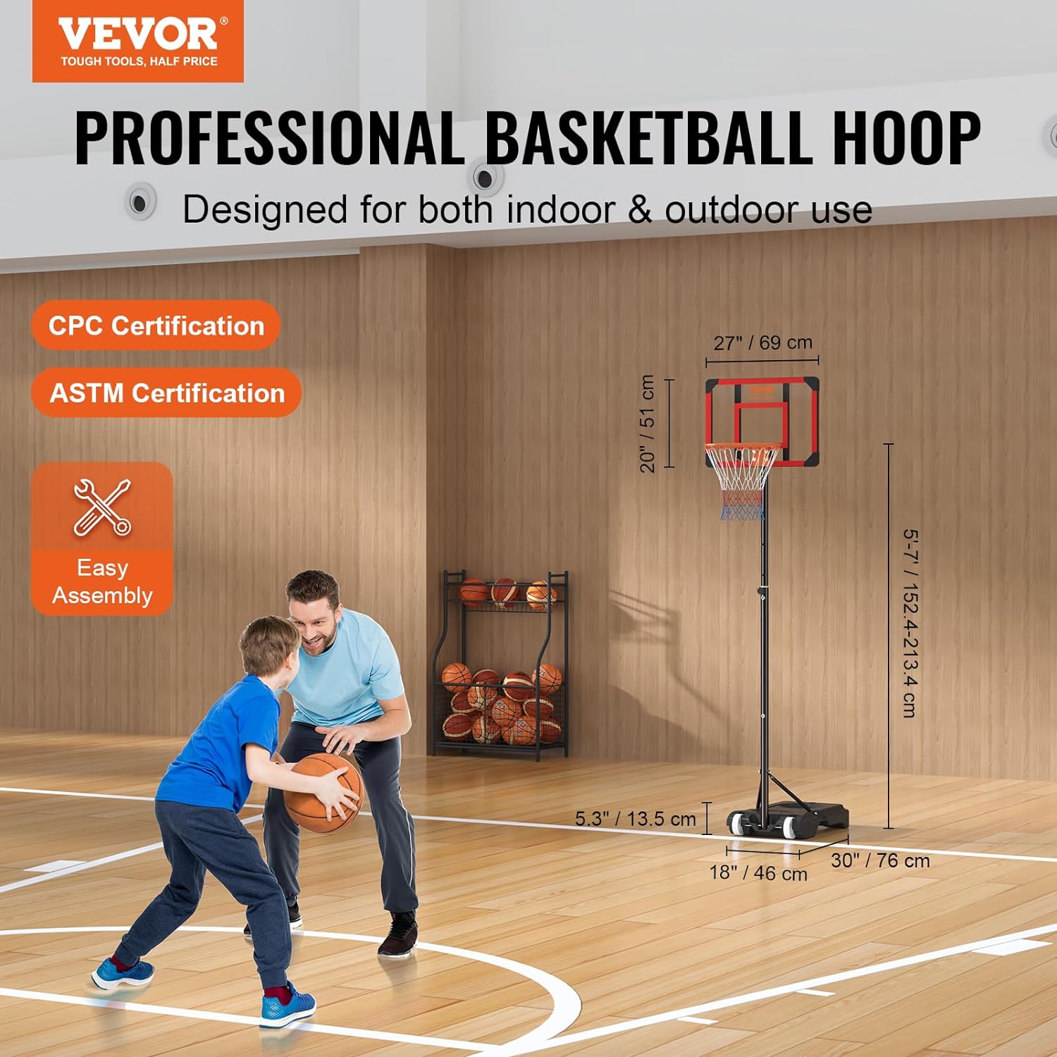 Vevor Kids Basketball Hoop Outdoor 5-7 ft Adjustable, Portable Basketball Hoops & Goals for Kids/Teenagers/Youth in Backyard/Driveway/Indoor, with Wheels, Stand, PC Backboard,and Fillable Base