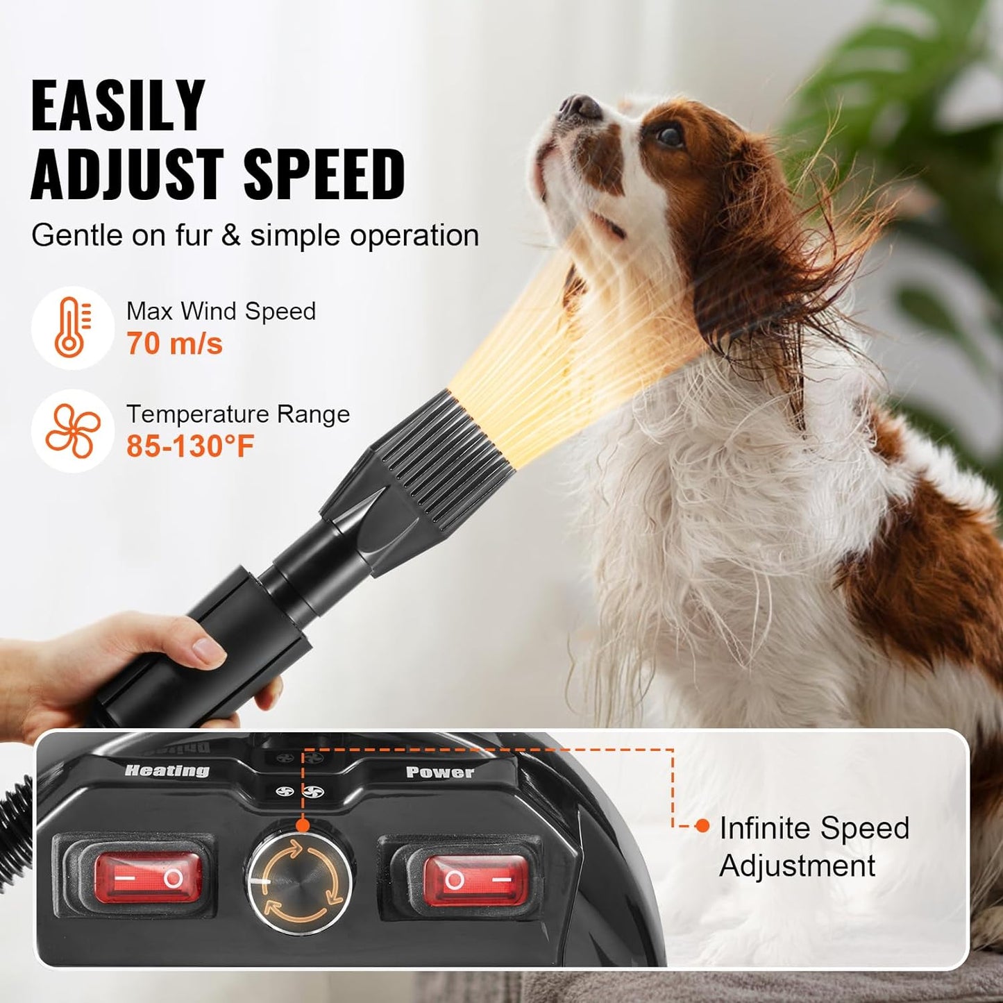 VEVOR Dog Dryer, 2800W\/4.3 HP Dog Blow Dryer, Pet Grooming Dryer with Adjustable Speed and Temperature Control, Pet Hair Dryer with 4 Nozzles and Extendable Hose (Grey and Black)