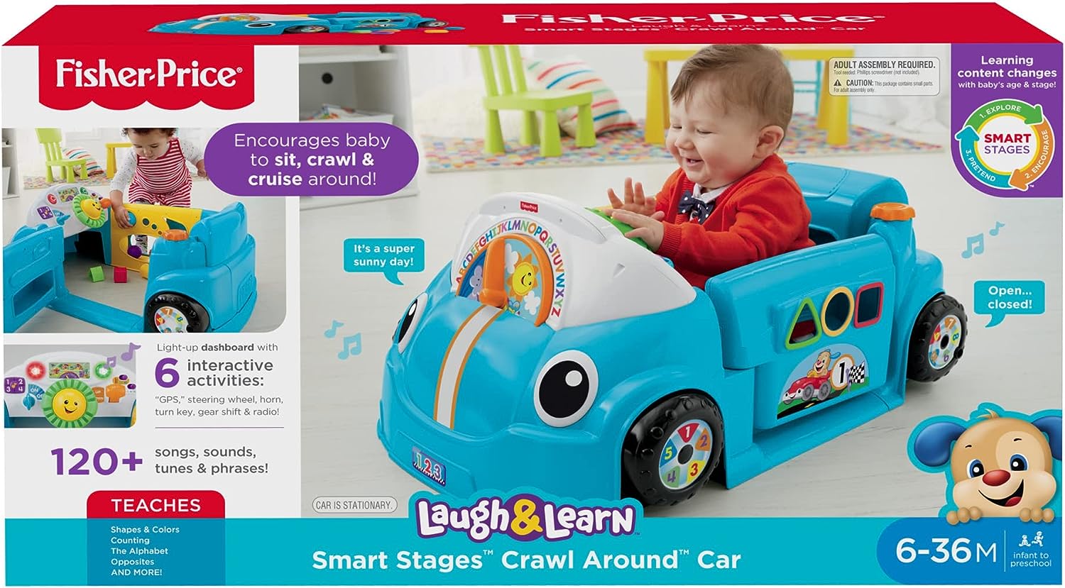 Fisher-Price Laugh & Learn Baby Activity Center, Crawl Around Car, Interactive Playset with Smart Stages for Infants & Toddlers, Blue