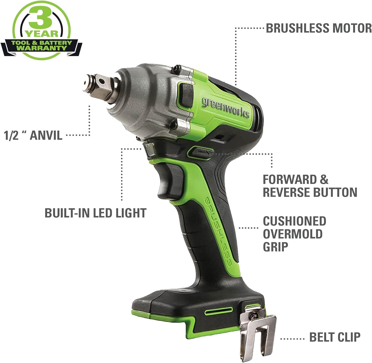 Greenworks 24V Brushless 1\/2" Cordless Impact Wrench (3 Speed \/ 300 ft.-lbs. \/ LED Light), Tool Only