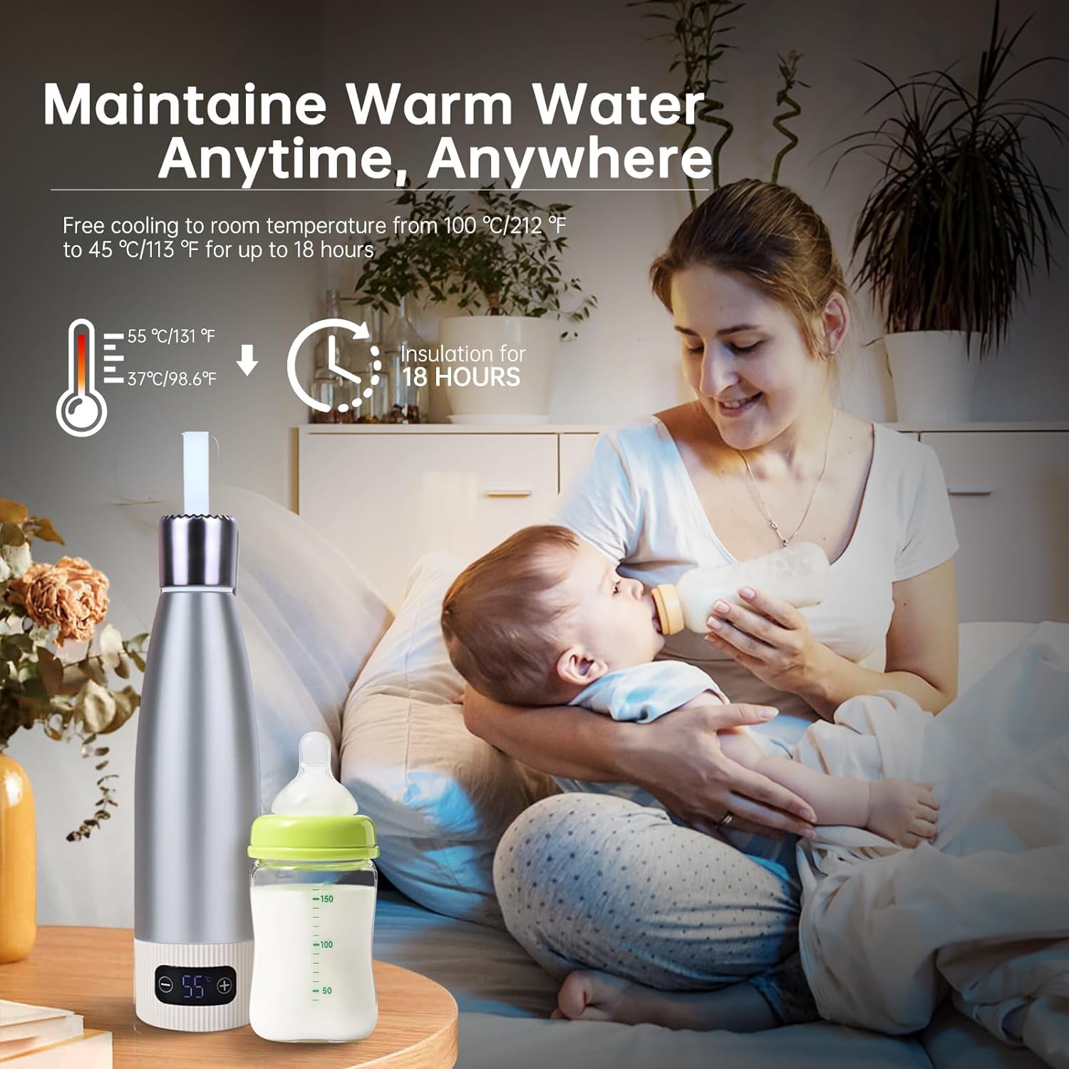 Portable Milk Warmer for Baby Formula, Water or Breastmilk, 18Hrs Constant Warming with Precise Temp Display, 12Oz Capacity Fast Milk Heating, Rechargeable Bottle Warmer Perfect for On The go