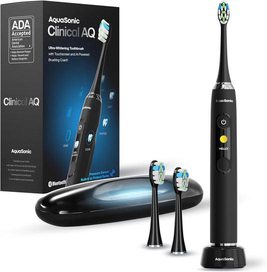 Aquasonic Clinical AQ Ultra-Whitening Smart Toothbrush with Touchscreen, Bluetooth & Brushing Coach - 2 Brush Heads & UV Sanitizing Charging Case