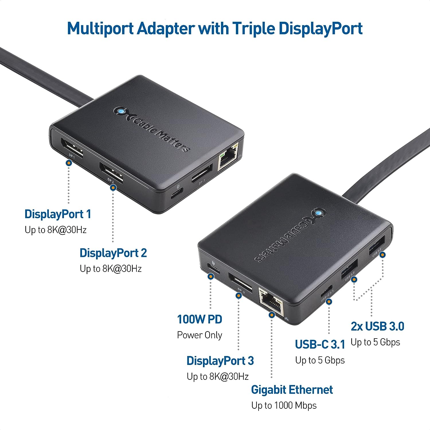 Cable Matters Triple Monitor USB C Hub (USB C Dock) with 3X DisplayPort, USB-A and USB-C, Gigabit Ethernet, and 100W Charging - Thunderbolt 3, Thunderbolt 4, USB4 Compatible for Surface Pro, XPS