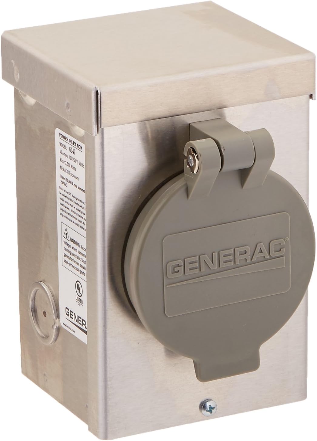 Generac 6347 50-Amp 125/250V Aluminum Power Inlet Box - Weather-Resistant Outdoor Generator Connection, Silver
