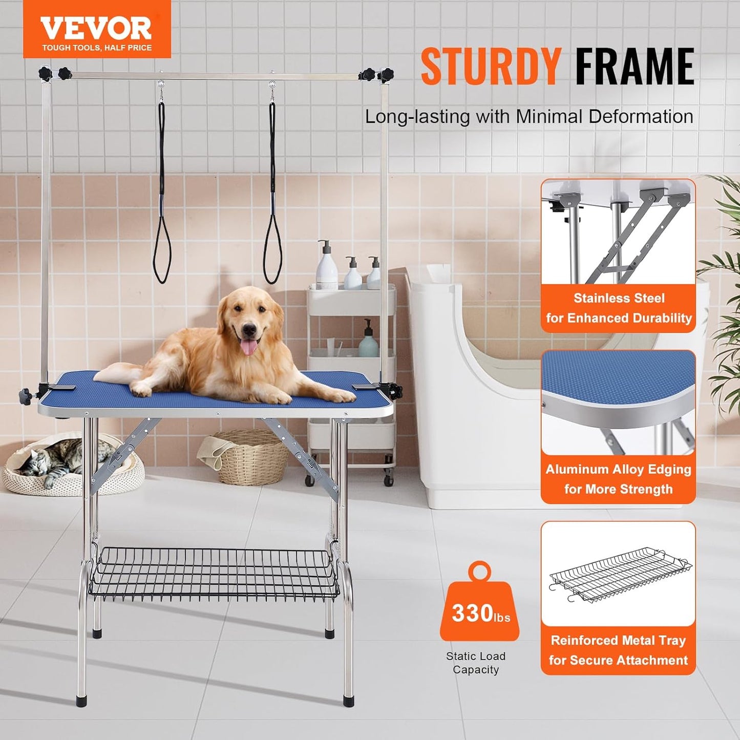 VEVOR Pet Grooming Table Two Arms with Clamp, 36''x24'' Dog Grooming Station, Foldable Pets Grooming Stand for Medium and Small Dogs, Free No Sit Haunch Holder with Grooming Loop, Bearing 330lbs