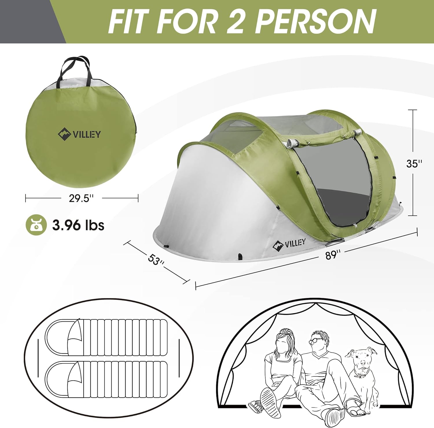 VILLEY 2 Person Easy Pop Up Tent, Waterproof Automatic Setup Instant Lightweight Camping Beach Tent with Carrying Bag for Camping, Hiking & Traveling