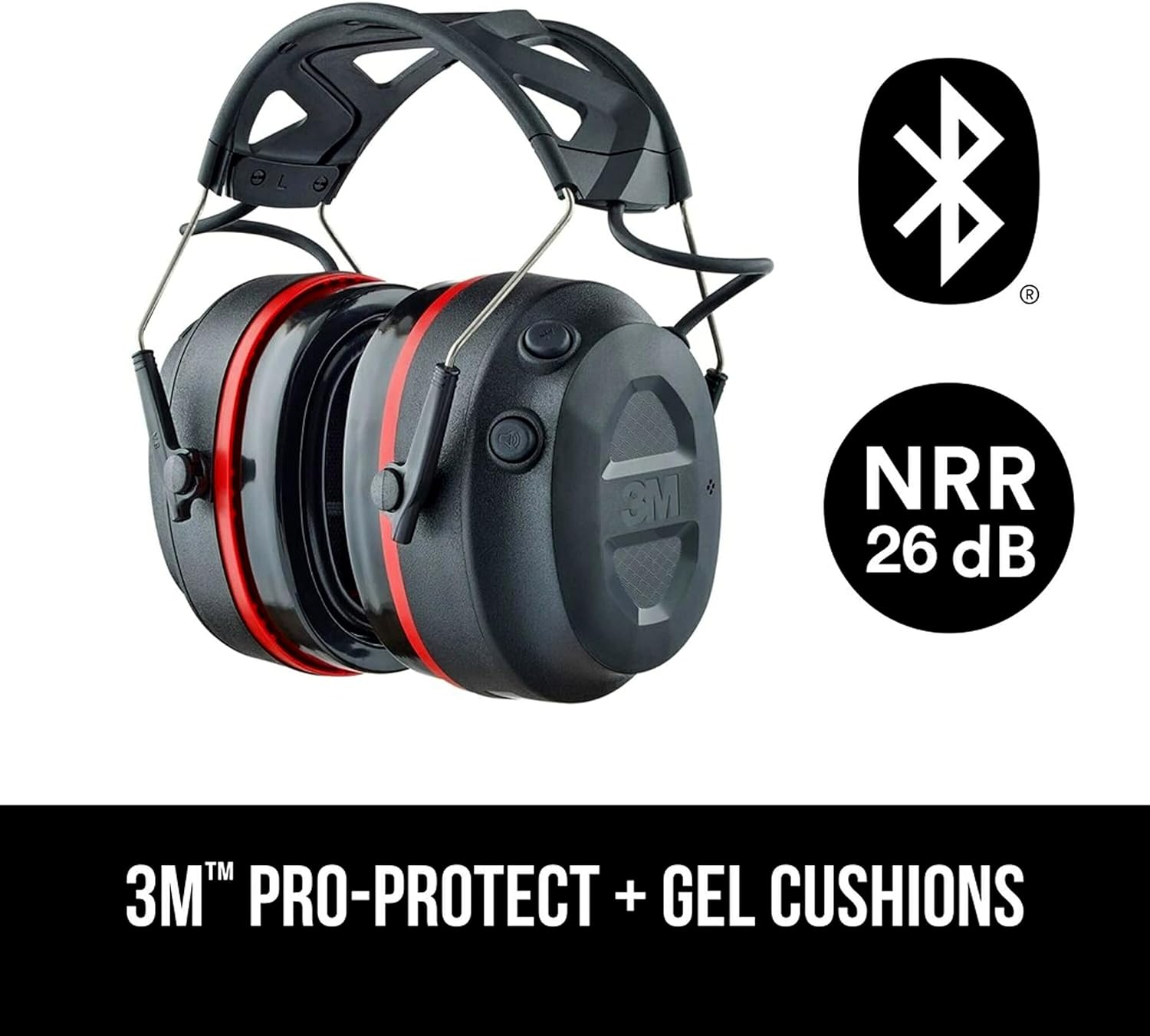 3M Pro-Protect + Gel Cushions Electronic Hearing Protector with Bluetooth Wireless Technology, NRR 26 dB, Black, Medium