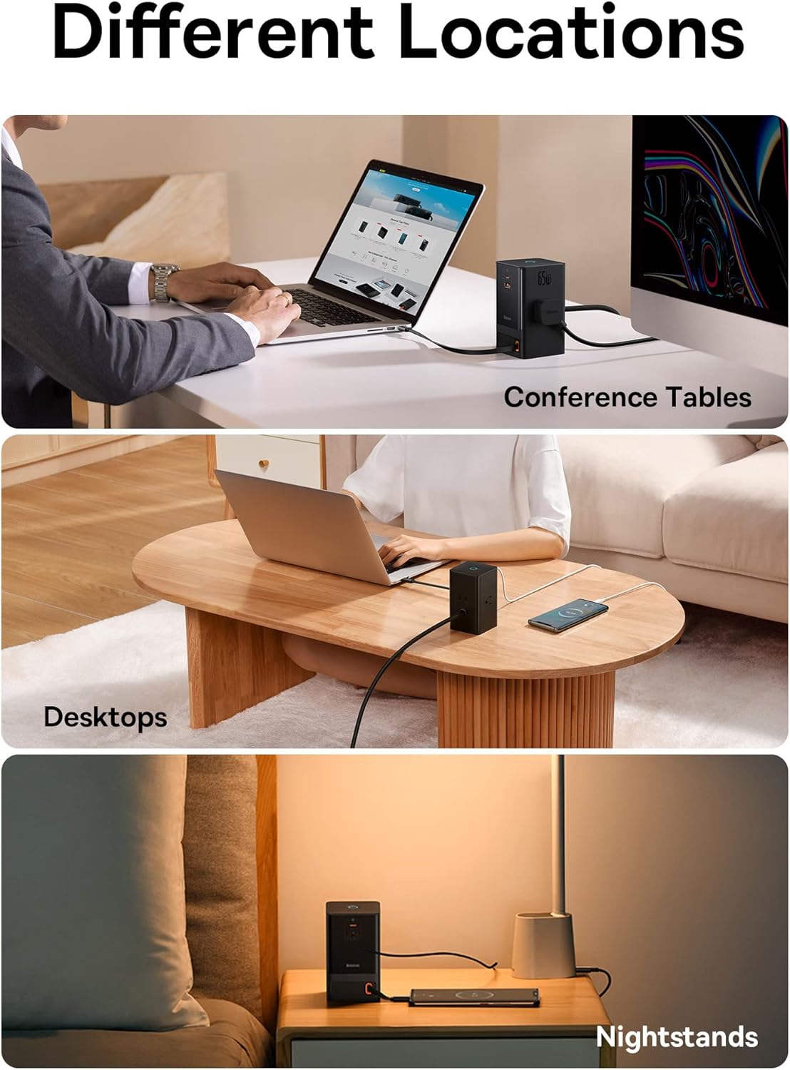 Baseus 6-in-1 65W Power Strip with Retractable USB-C Cable, Surge Protector with AC Ports, Fast Charging for MacBook, iPhone, Laptops - Home & Office