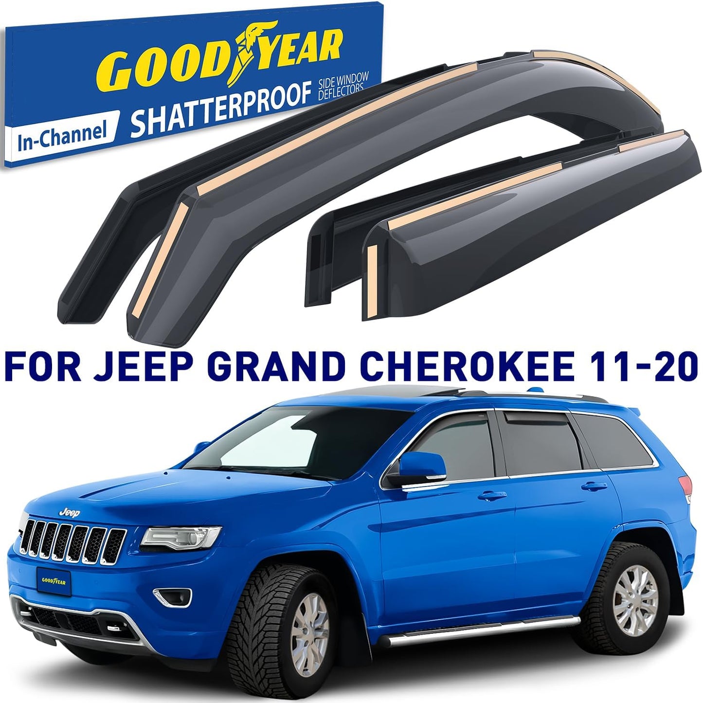 Goodyear Shatterproof in-Channel Window Deflectors for Jeep Grand Cherokee 2011-2020, Rain Guards, Window Visors for Cars, Vent Deflector, Car Accessories, 4 pcs - GY003442LP