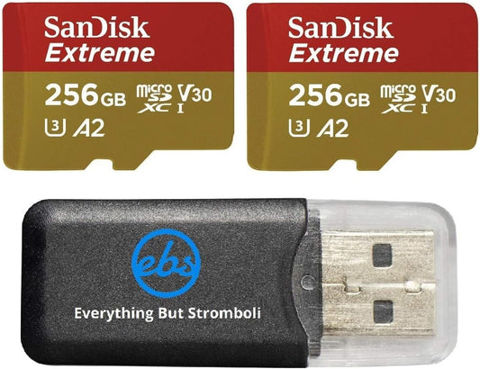 SanDisk Extreme V30 A2 (2 Pack) 256GB MicroSD Card for DJI Mavic Mini 2, Mavic Mini, Mavic Air 2 Drone - C10 U3 A2 (SDSQXA1-256G-GN6MN) Bundle with 1 Everything But Stromboli Micro Memory Card Reader