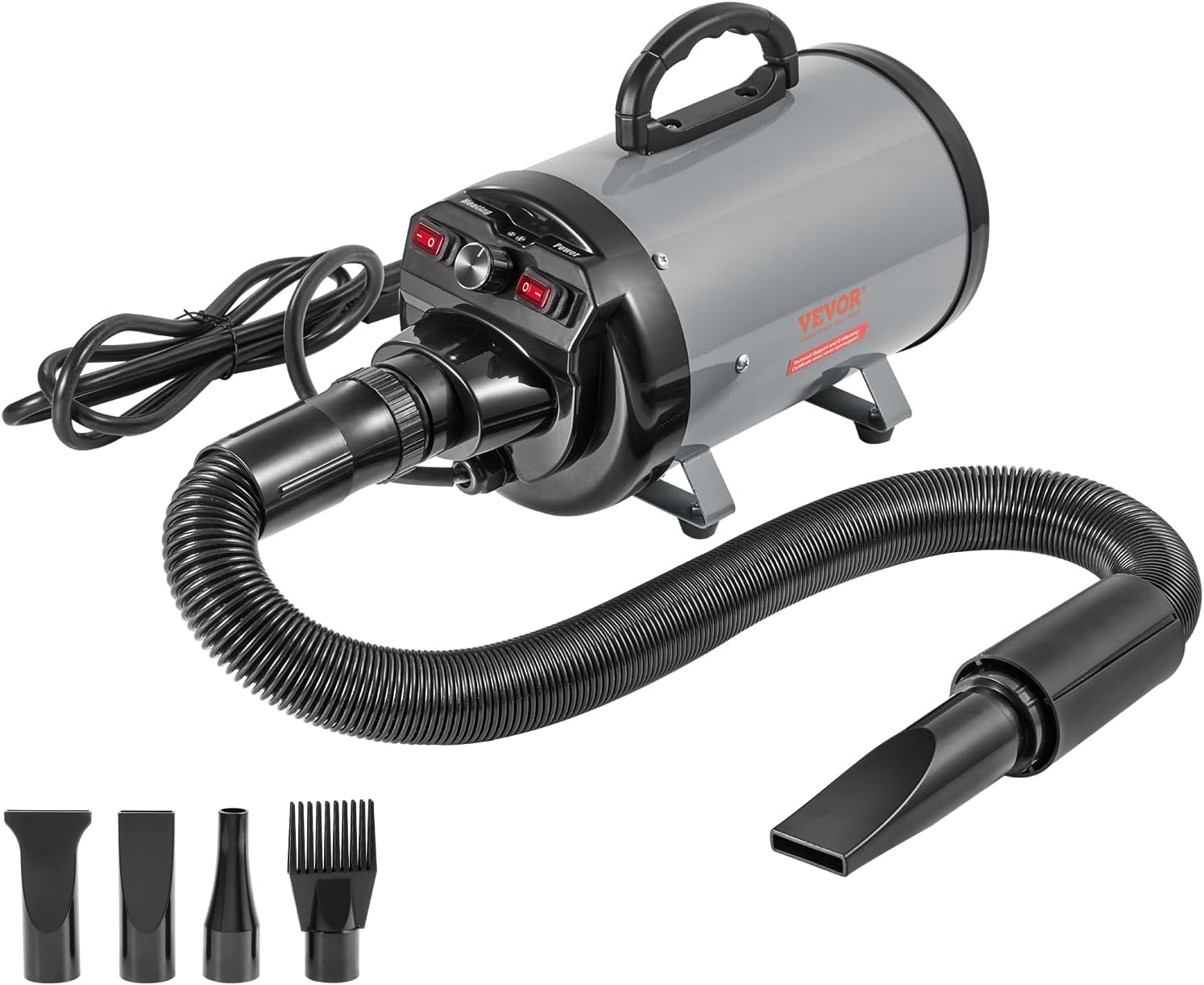 VEVOR Dog Dryer, 2800W\/4.3 HP Dog Blow Dryer, Pet Grooming Dryer with Adjustable Speed and Temperature Control, Pet Hair Dryer with 4 Nozzles and Extendable Hose (Grey and Black)