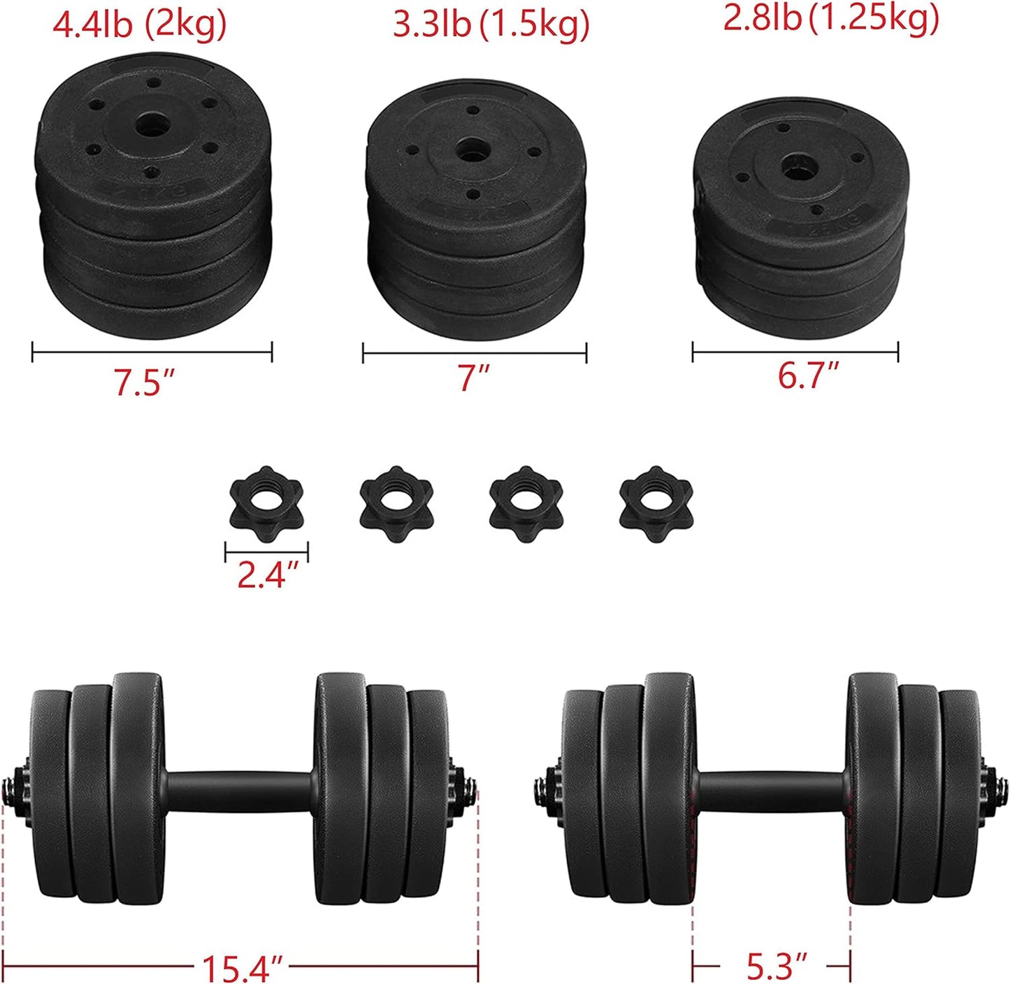 Yaheetech Adjustable Dumbbells Weight Set Dumbbell Weights Exercise & Fitness Equipment w\/ 4 Spinlock Collars & 2 Connector Options for Women & Men Gym Home Strength Bodybuilding Training 44LB\/66LB