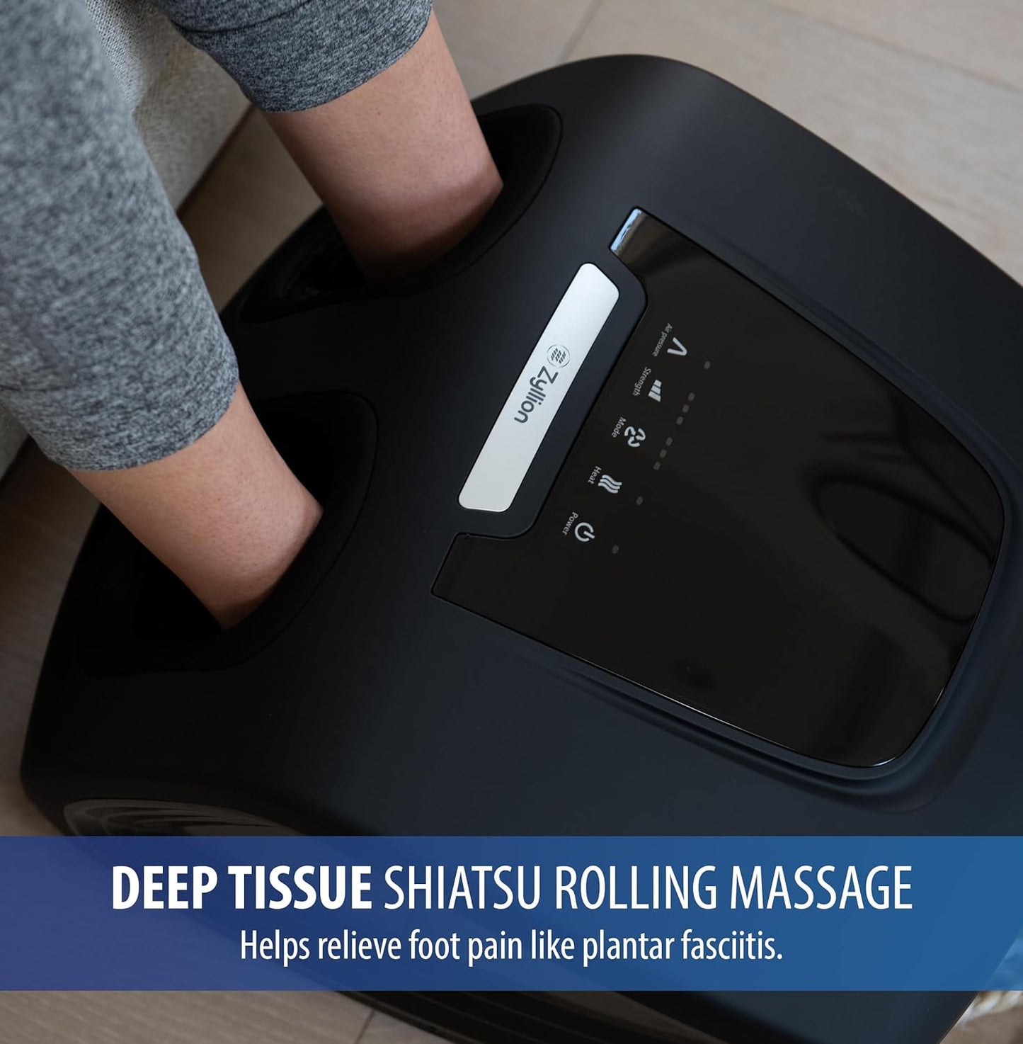 Zyllion Shiatsu Foot Massager with Heat - Deep Tissue Kneading Heated Rolling Foot Massage Machine for Plantar Fasciitis Foot Pain Relief, Fits Up to Size 13 Feet - ZMA-21-BK (Black)