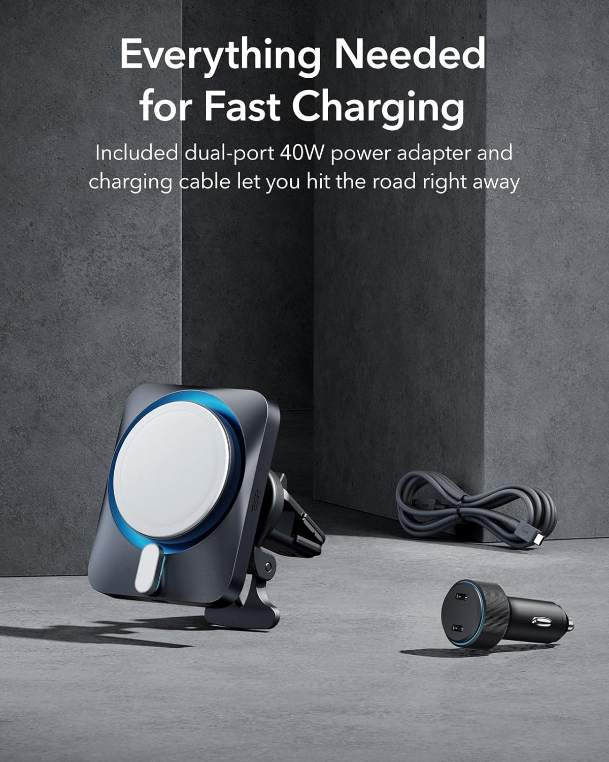 ESR 15W Magnetic Wireless Car Charger Mount with CryoBoost, Compatible with MagSafe Car Charger, Made for Apple-Certified, for iPhone 15\/14\/13\/12, Fast Charging, Phone-Cooling Charger, Cool Grey