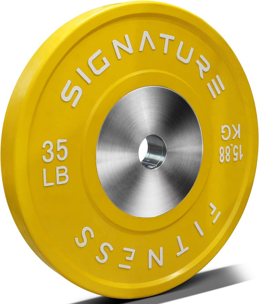 Signature Fitness 2" Olympic Competition Bumper Plate with Steel Hub for Strength Training and Powerlifting - Minimal Bounce, Singles or Sets
