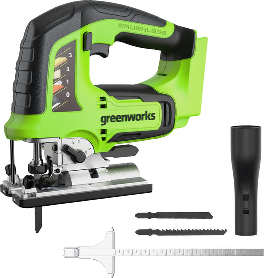 Greenworks 24V Brushless 1" Cordless Jig Saw (3,000 SPM \/ 4 Settings \/ LED Light), Tool Only