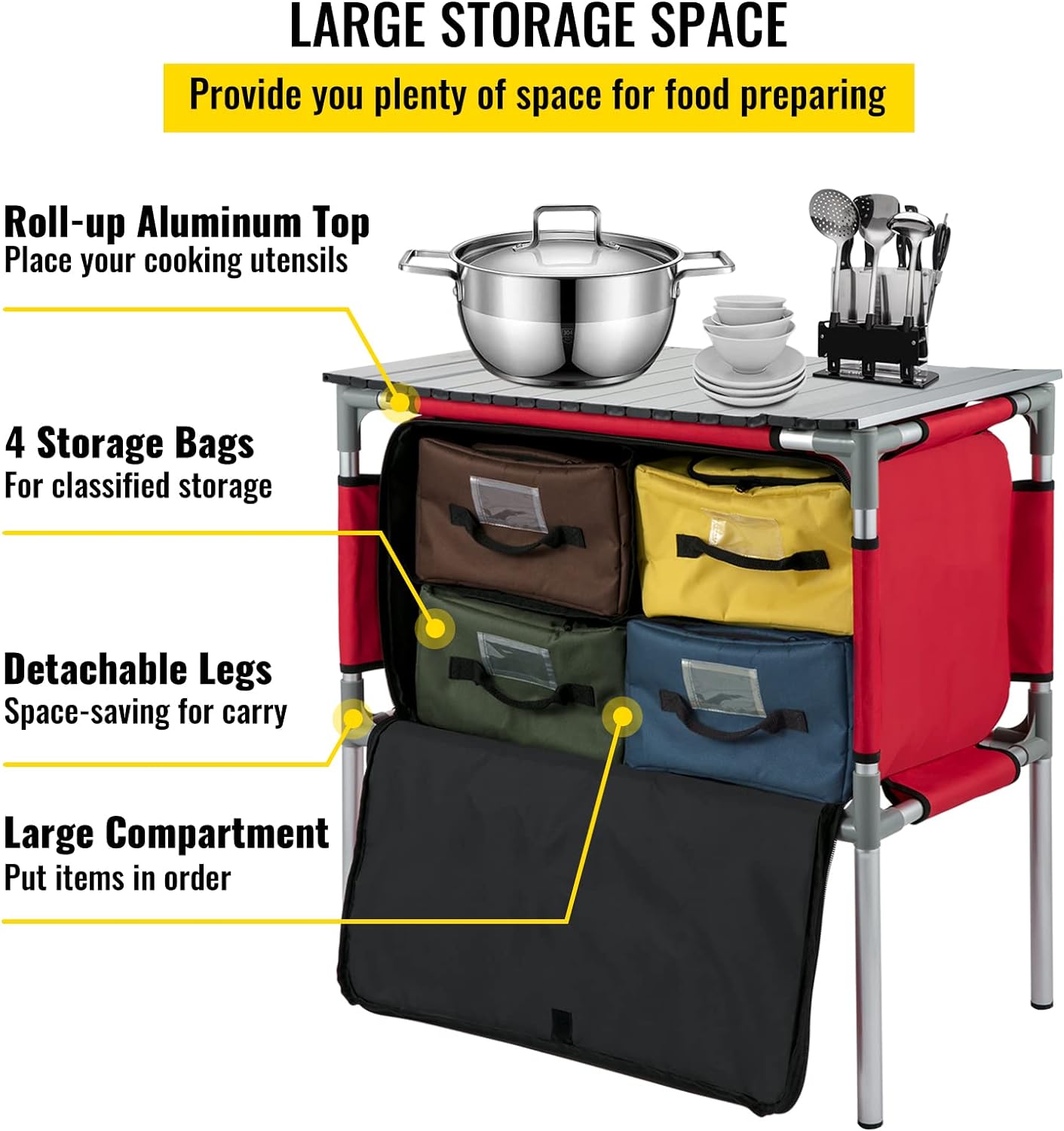 VEVOR Outdoor Camping Storage Organizer, Aluminum Portable Kitchen Table, Folding Station w/ 4 Storage, 4 Detachable Legs & Carry Bag, Quick Installation for Picnic Beach Party Cooking, Red