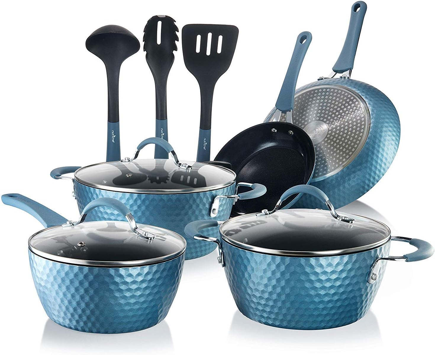 Nutrichef 11 Piece Nonstick Ceramic Cookware Excilon Home Kitchen Ware Pots & Pan Set with Saucepan Frying Pans, Cooking Pots, Lids, Utensil PTFE\/PFOA\/PFOS Free, Blue Diamond Pcs