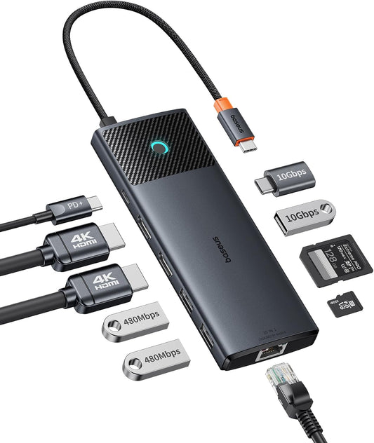 Baseus Docking Station Dual Monitor,10Gbps 10 in 1 Docking Station with 2 HDMI Single 4K@120Hz, Dual 4K@ 60Hz,10Gbps USB C and USB A, Gigabit Ethernet, PD 100W, SD\/TF for iPhone 15\/Mac\/Dell\/HP\/Lenovo