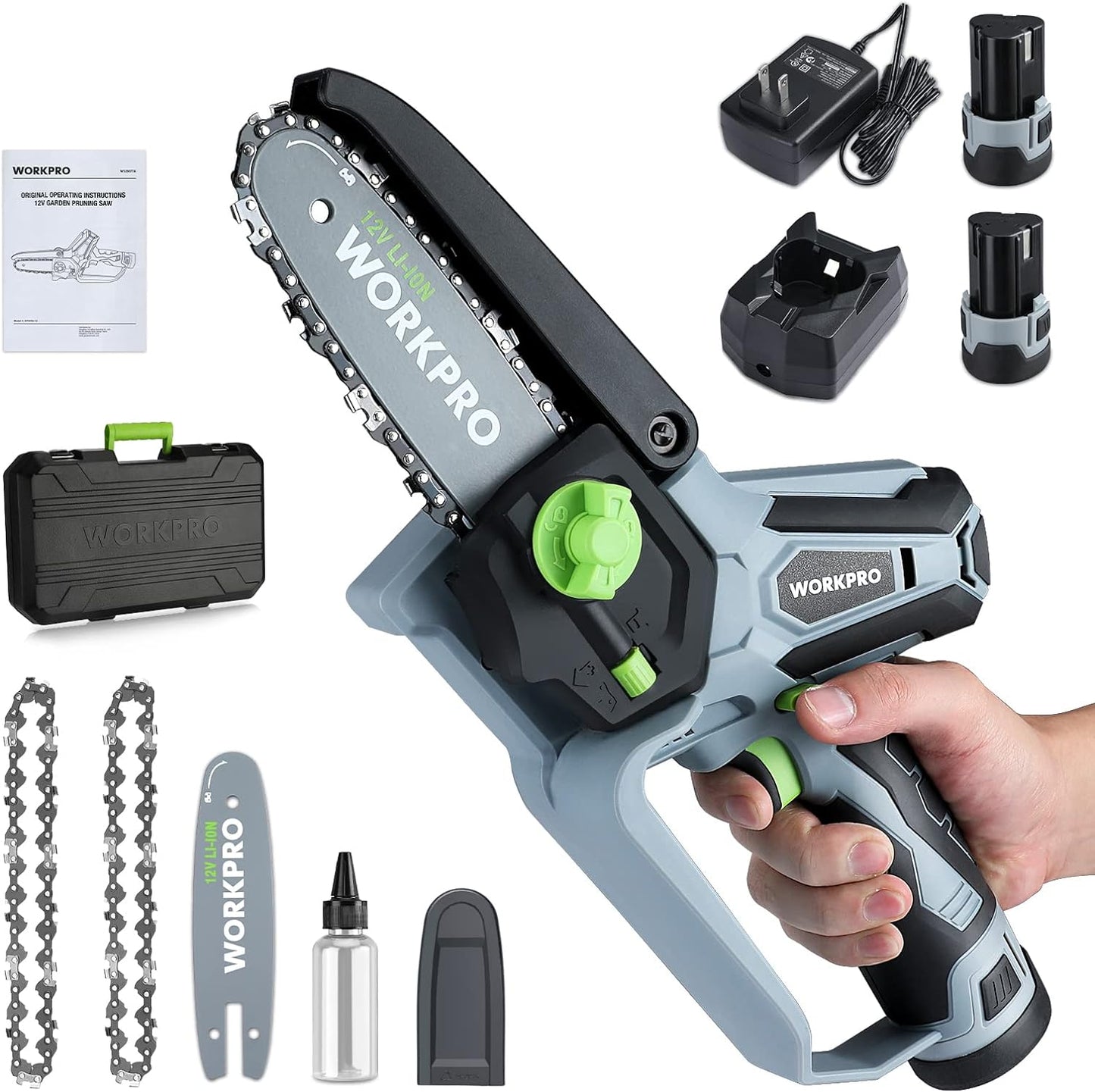 WORKPRO Mini Chainsaw, 6.3\u201C Cordless Electric Compact Chain Saw with 2 Batteries, One-Hand Operated Portable Wood Saw with Replacement Guide Bar and Chain for Garden Tree Branch Pruning, Wood Cutting