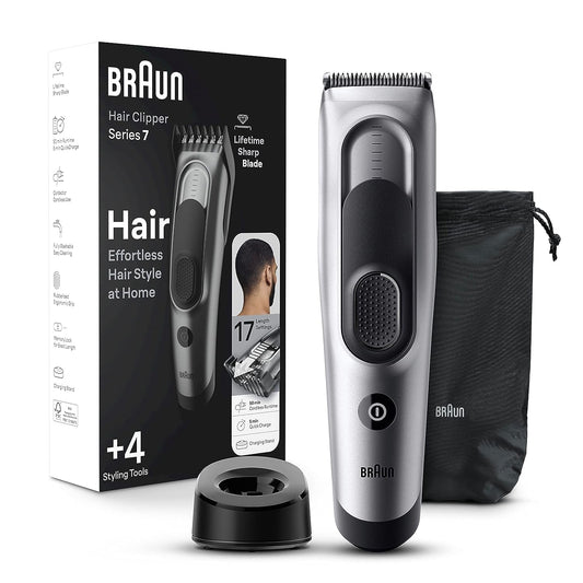 Braun Hair Clippers for Men, Series 7 7390, Hair Clip from Home with 17 Length / Recall Setting, Incl. Memory SafetyLock, Ultra-Sharp Blades, 2 Combs, Stand, Pouch, Washable