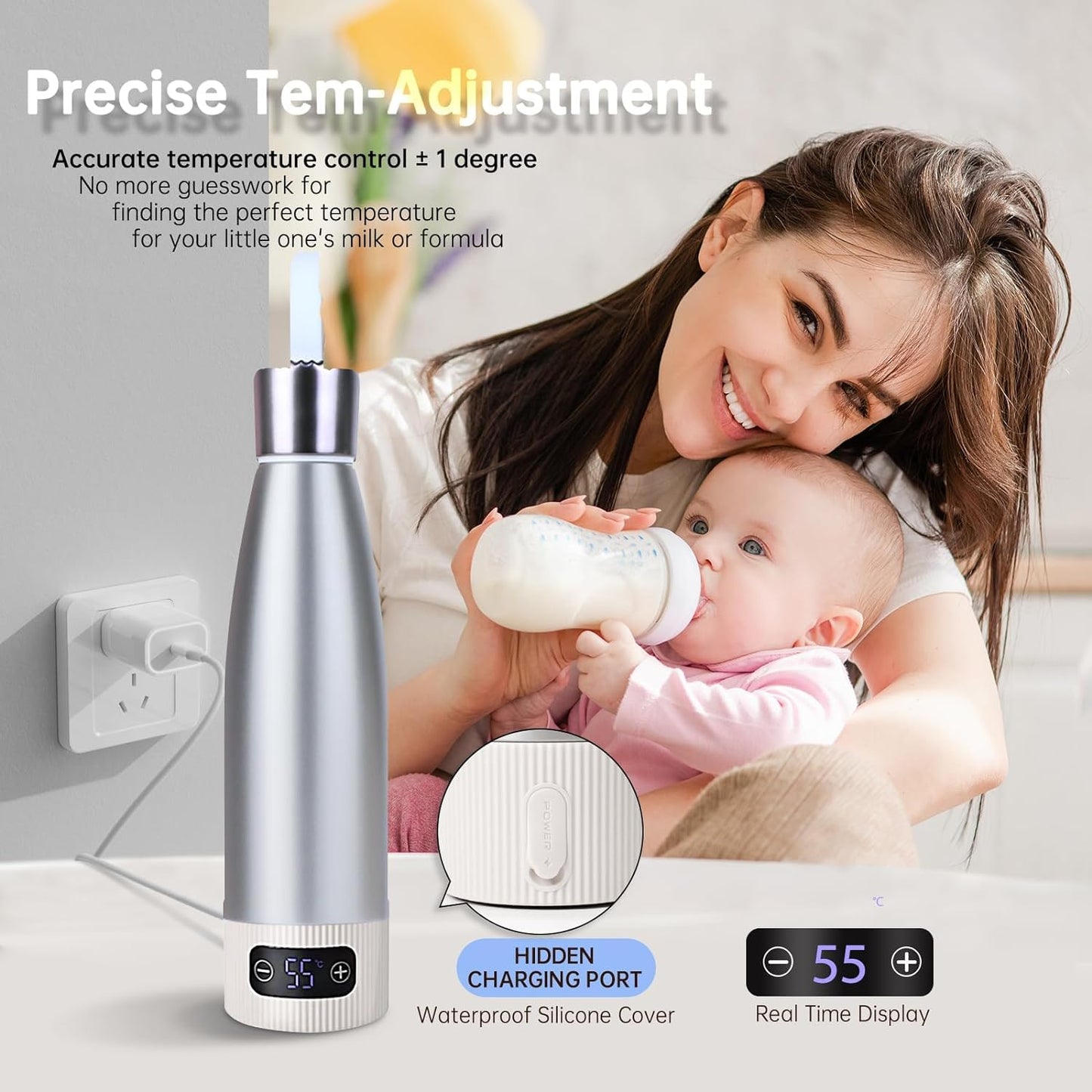 Portable Milk Warmer for Baby Formula, Water or Breastmilk, 18Hrs Constant Warming with Precise Temp Display, 12Oz Capacity Fast Milk Heating, Rechargeable Bottle Warmer Perfect for On The go