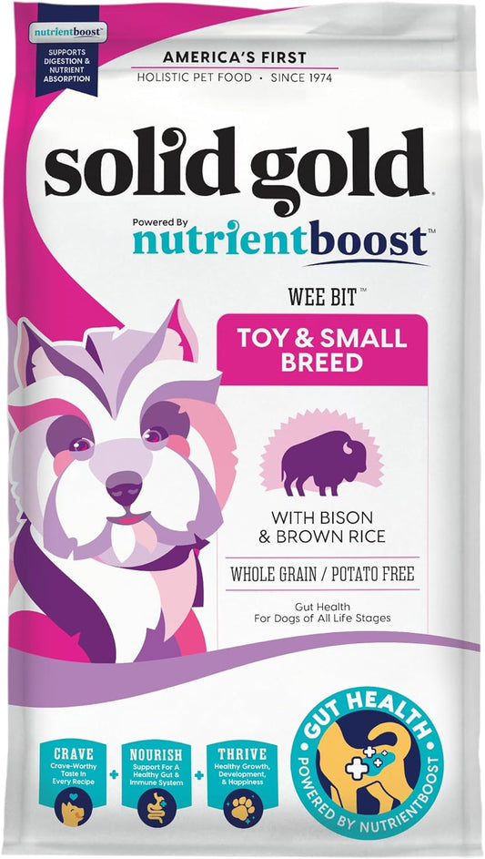 Solid Gold Small Breed Dog Food - Nutrientboost Wee Bit Whole Grain Made w\/Real Bison, Brown Rice, & Pearled Barley - High Fiber, Probiotic Dry Dog Food for Dogs with Sensitive Stomachs - 11 LB