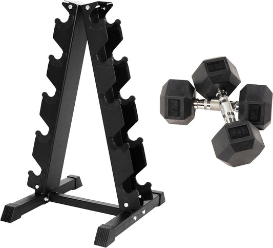 Signature Fitness Rubber Encased Hex Dumbbell with Rack