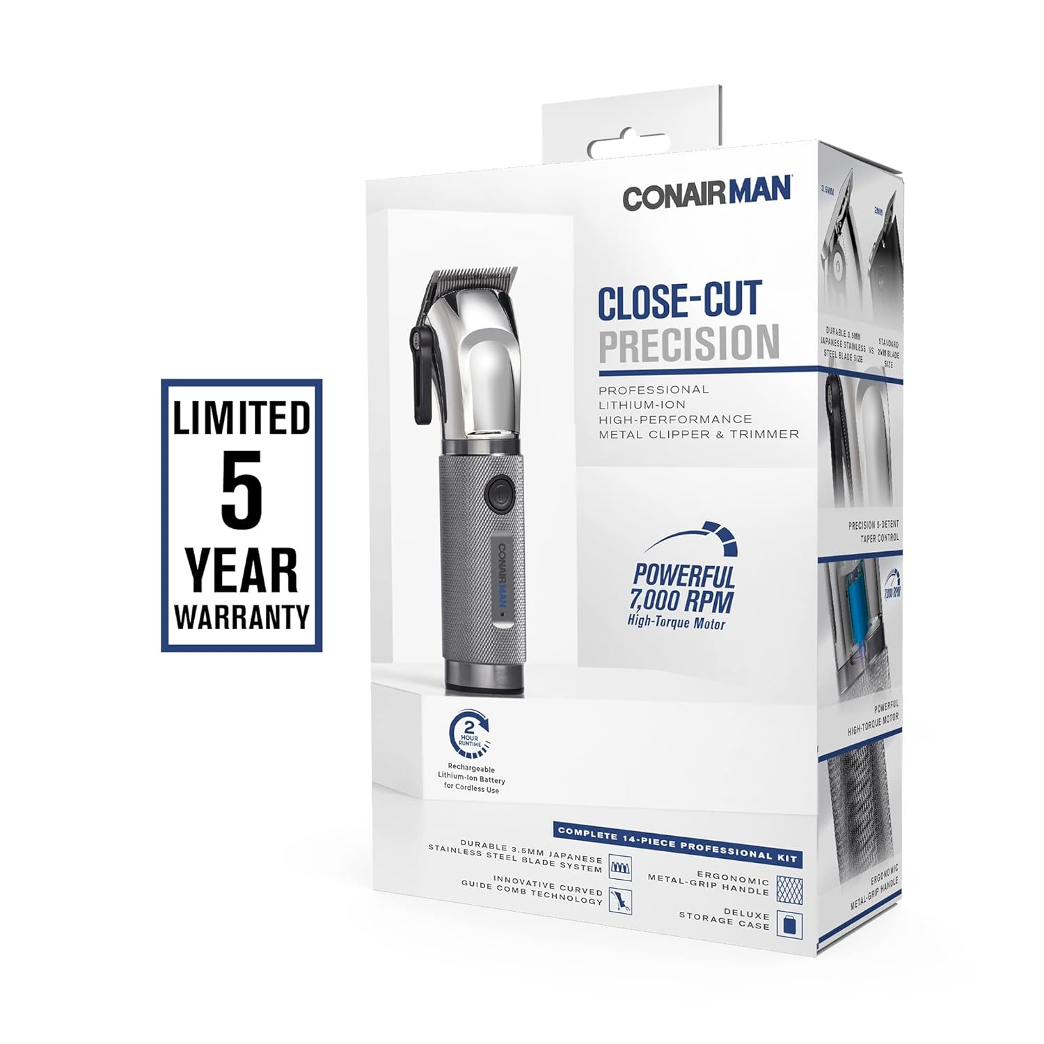 ConairMAN Close-Cut, Cordless Precision Hair Clipper and Trimmer Set, 8 Combs, Barber Hair Cutting Scissors, Blade Guard, Storage Case, Oil and Brush, Lithium-Ion Battery, Clippers for Hair Cutting