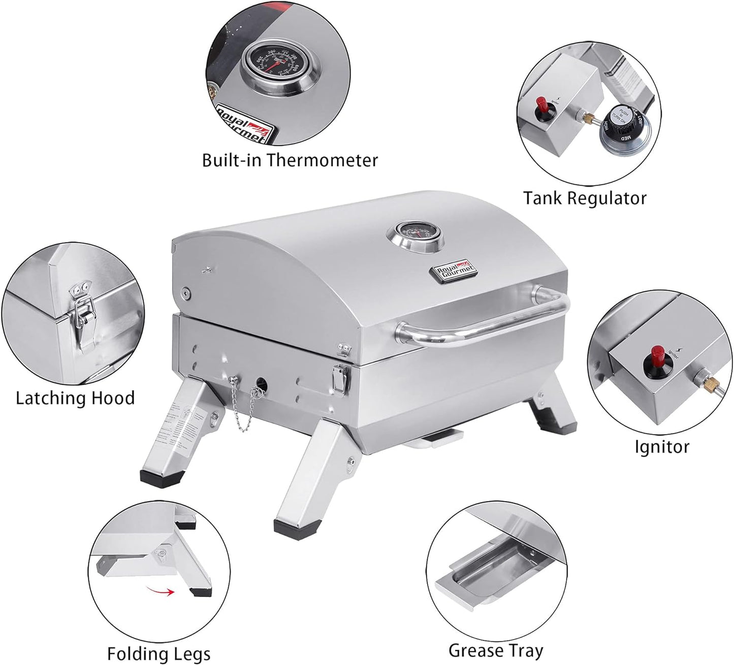 Royal Gourmet GT1001 Stainless Steel Portable Grill, 10000 BTU BBQ Tabletop Gas Grill with Folding Legs and Lockable Lid, Outdoor Camping, Deck and Tailgating, Silver