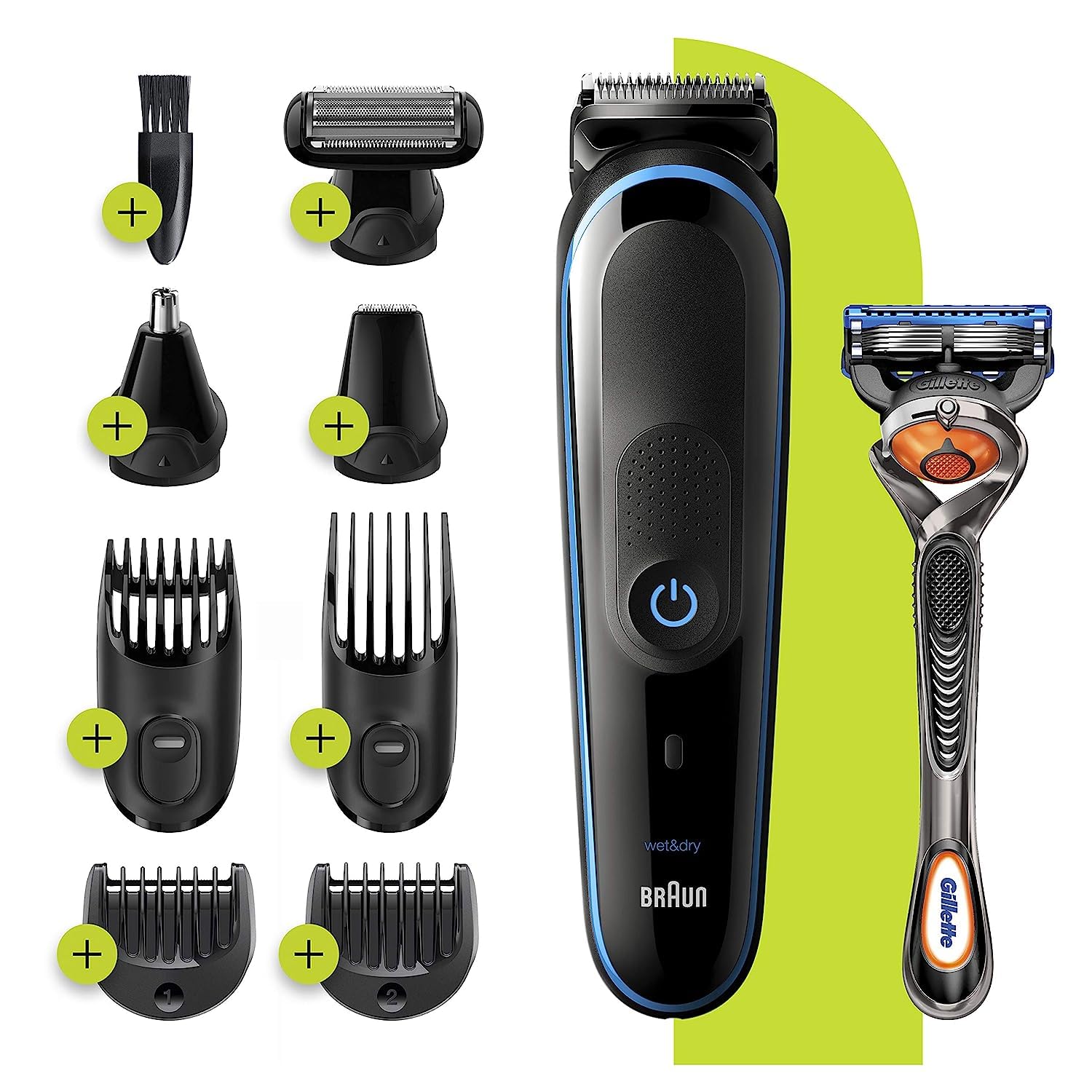 Braun Hair Clippers for Men 9-in-1 Beard, Ear and Nose Trimmer, Mens Grooming Kit, Body Groomer, Cordless & Rechargeable with Gillette ProGlide Razor, Black/Blue