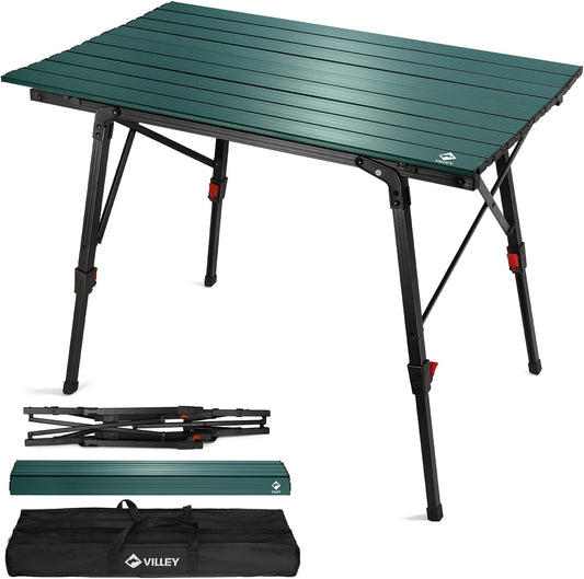 VILLEY Portable Camping Table with Adjustable Legs, Lightweight Aluminum Folding Beach Table with Carrying Bag for Outdoor Cooking, Picnic, Beach, Backyards, BBQ and Party