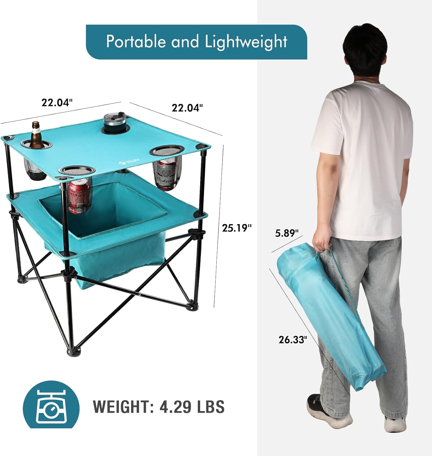 VILLEY Portable Camping Picnic Table, Lightweight Folding Beach Table with 4 Cup Holders and Carry Bag for Camp, Travel, Fishing, and Outdoor Activities