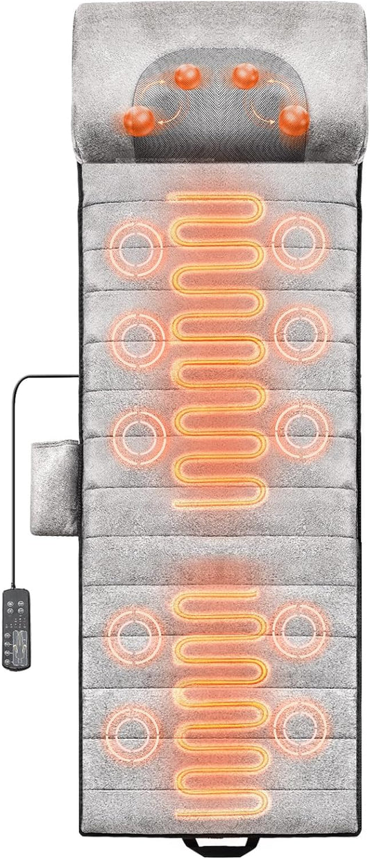 VEVOR Full Body Massage Cushion with Shiatsu Neck Massager, 10 Vibration Motors & 2 Heating Shiatsu Neck Rollers, Vibrating Massage Pad Mat with 5 Modes & 3 Intensities, 3 Heating Pads for Home Office