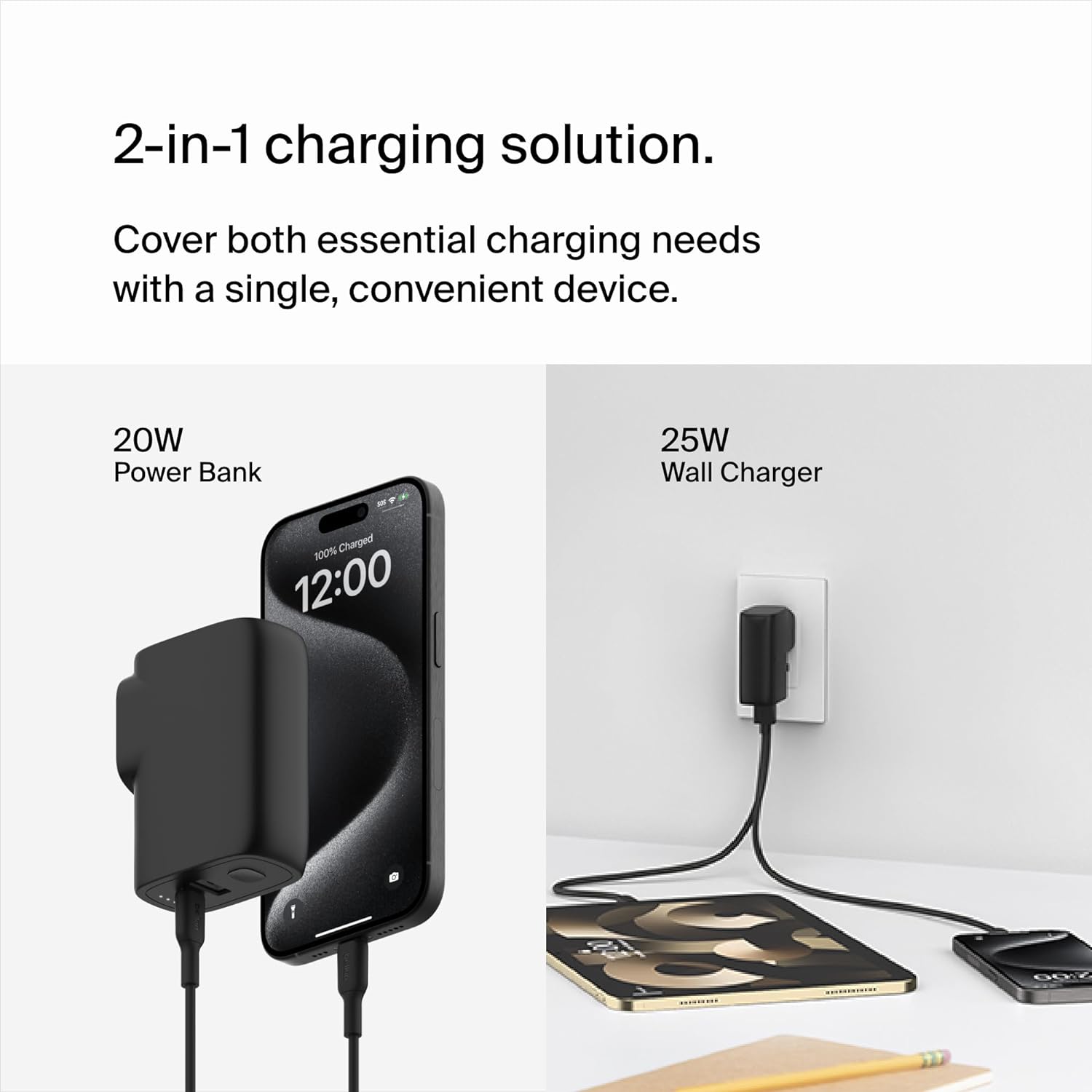 Belkin BoostCharge Hybrid Wall Charger 25W + Power Bank 5K, 2-in-1 Portable Charger, Portable Battery Charger w/USB-C Port & USB-A Port - Travel-Friendly, Dual-Port Charging Device - Black