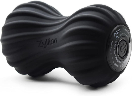 Zyllion Vibrating Peanut Massage Ball - Rechargeable Double Lacrosse Muscle Foam Roller for Physical Therapy, Myofascial Trigger Point Release, Plantar Fasciitis - Black (ZMA-30)