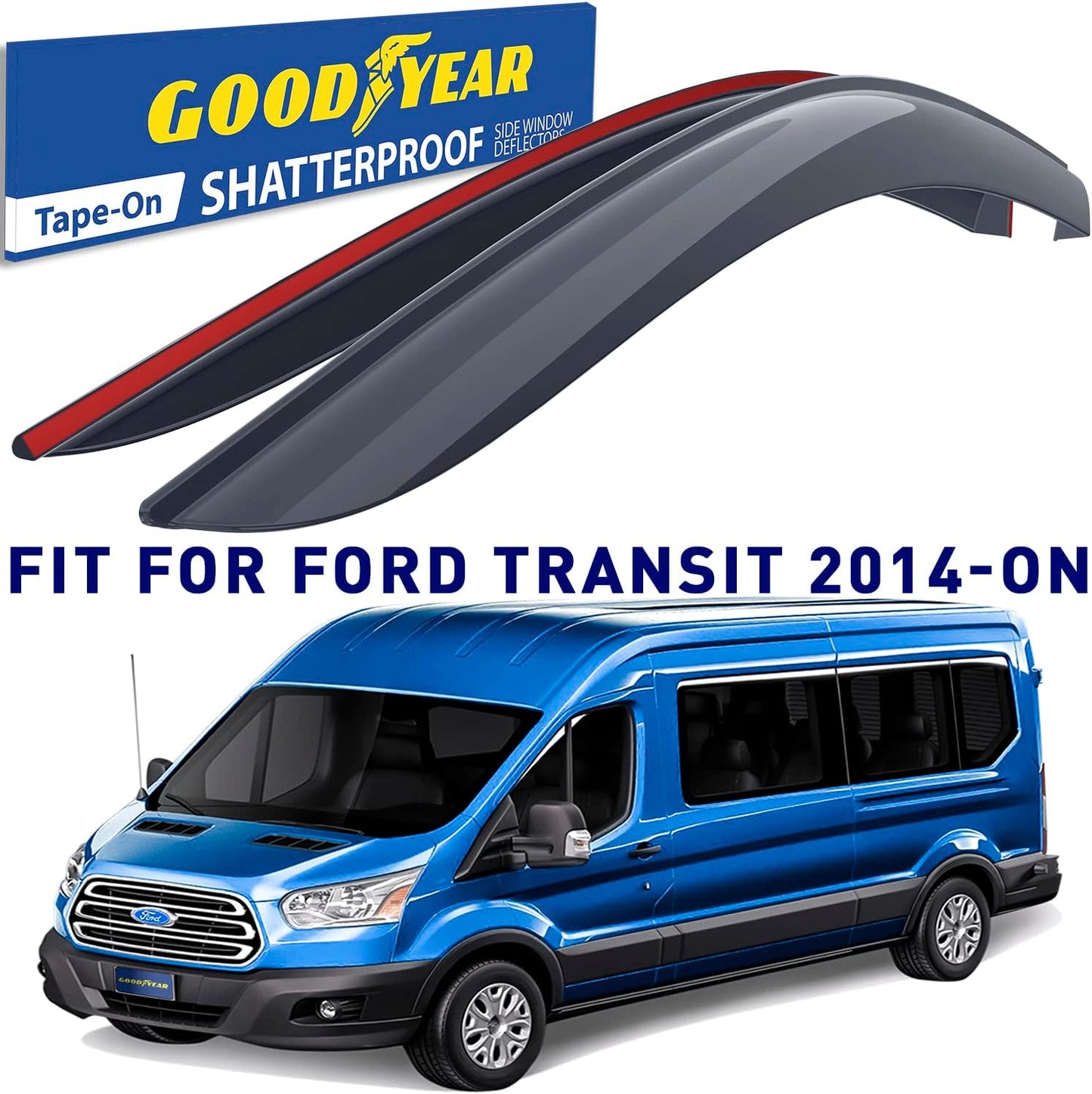 Goodyear Shatterproof Window Deflectors for Ford Transit 2014-2023, Tape-on Rain Guards, Window Visors, Vent Deflector,Vent Visor, Car Accessories, 2pcs - GY003242LP