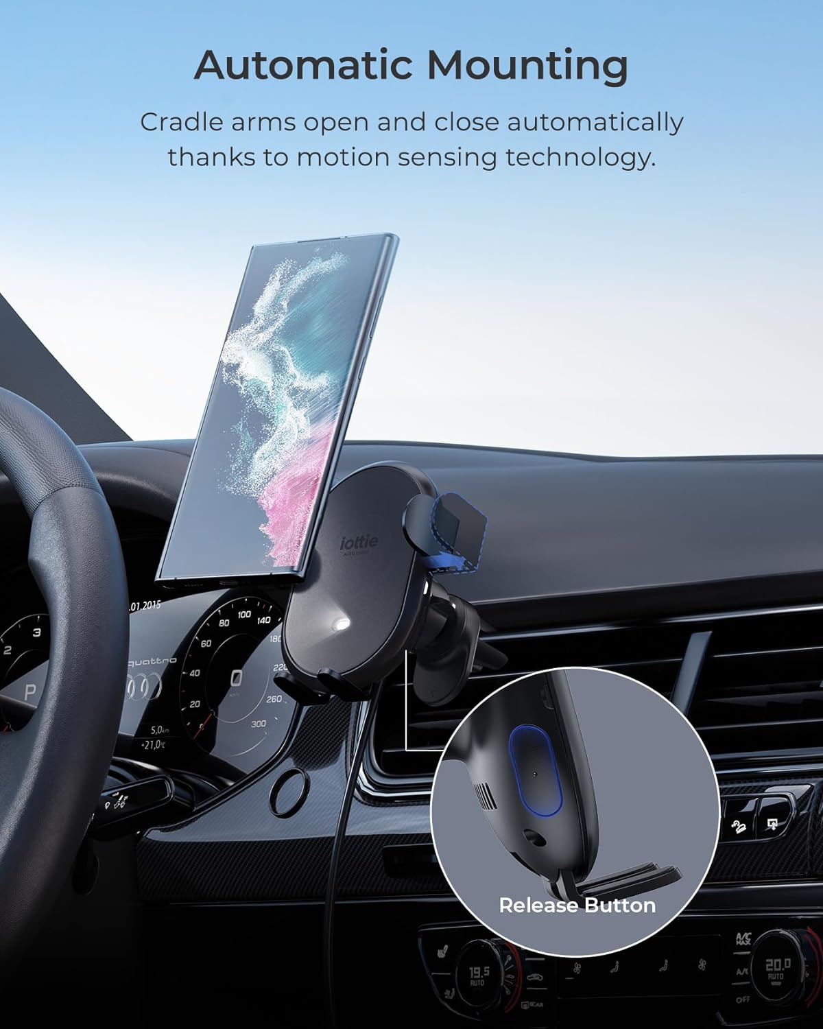 iOttie Auto Sense 2 Air Vent Car Phone Holder with Qi Wireless Charging - Auto Clamping Phone Mount for Google Pixel, iPhone, Galaxy, Huawei, LG, and Other Smartphones. Power Adapter Not Included.