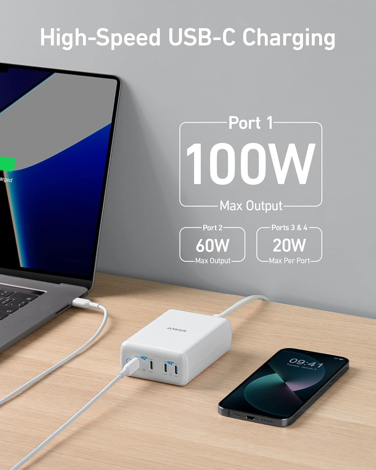 Anker USB C 120W, 547 Charger, PowerPort III 4-Port Charging Station for MacBook Pro/Air, iPhone iPhone 15/15 Plus/15 Pro/15 Pro Max/14/13 Series, Galaxy, Pixel 4/3, iPad Series, and More Devices