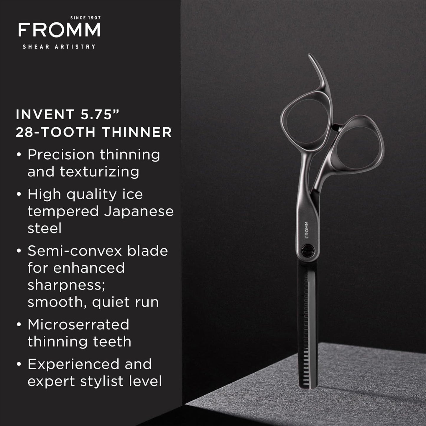 Fromm Professional Invent 5.75" 28-Tooth Precision Hair Thinning & Texturizing Shears for Blunt & Layer Cuts in Gunmetal Japanese Steel Scissors with Semi-Convex Blade for Salon Stylists