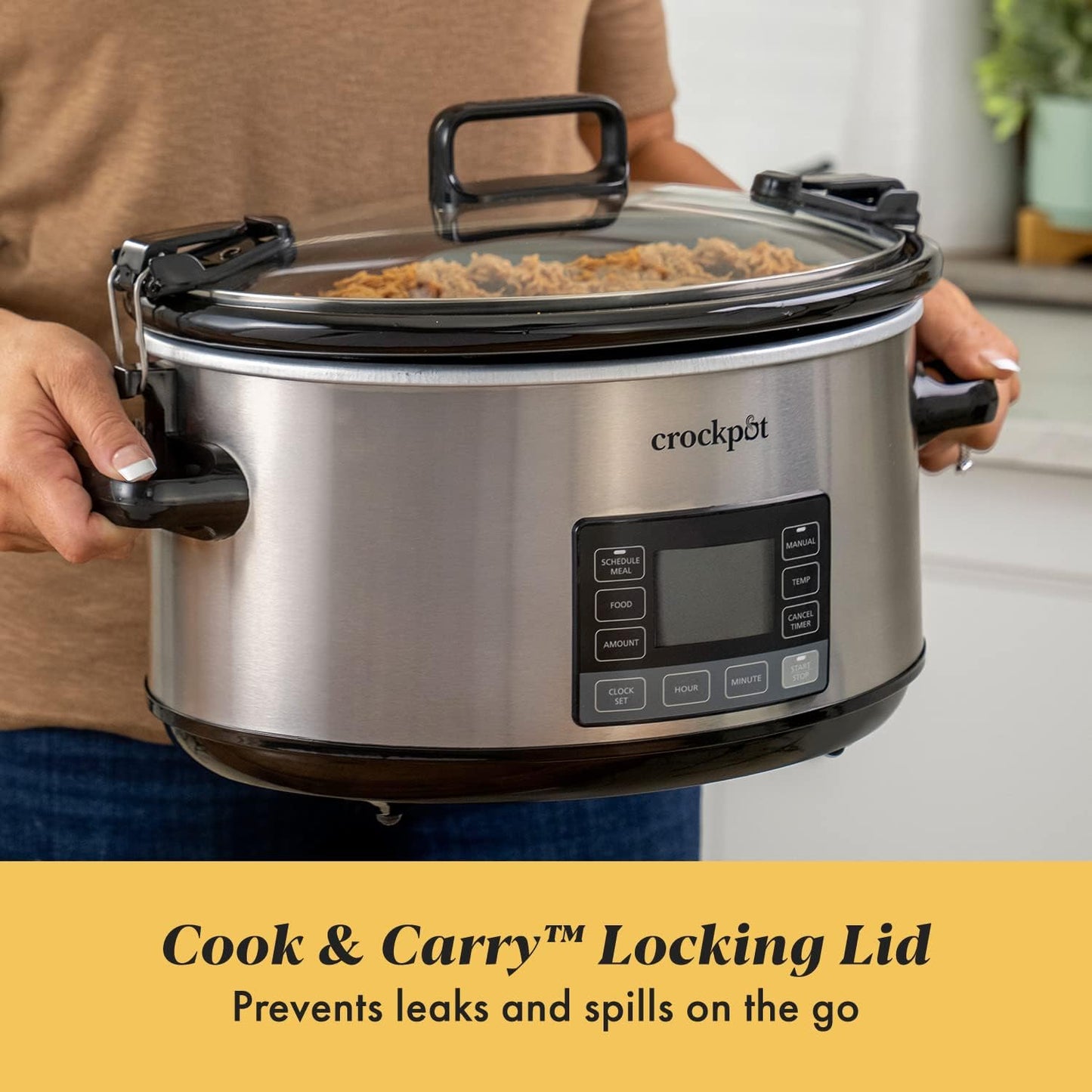 Crock-Pot 7 Quart Portable Programmable Slow Cooker with Timer and Locking Lid, Stainless Steel