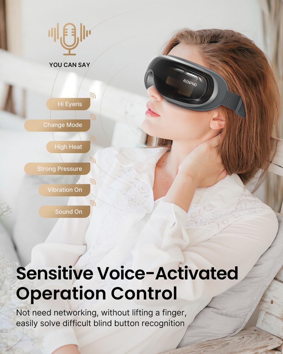 RENPHO Eyeris 3 - Voice Controlled Eye Massager with Preset Commands & Heat, Heated Eye Mask with DIY Massage Setting, Bluetooth Music Eye Relax Devices for Migraines Relief,Improve Sleep,Ideal Gift