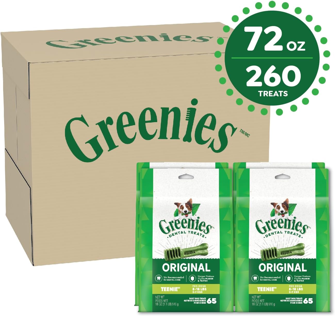 Greenies Original Teenie Natural Dental Care Dog Treats, 72 oz. Pack (260 Treats)