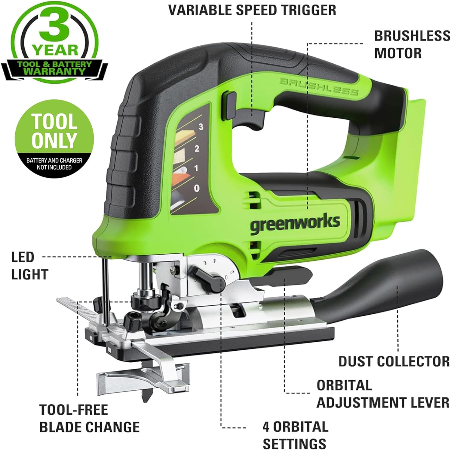 Greenworks 24V Brushless 1" Cordless Jig Saw (3,000 SPM \/ 4 Settings \/ LED Light), Tool Only