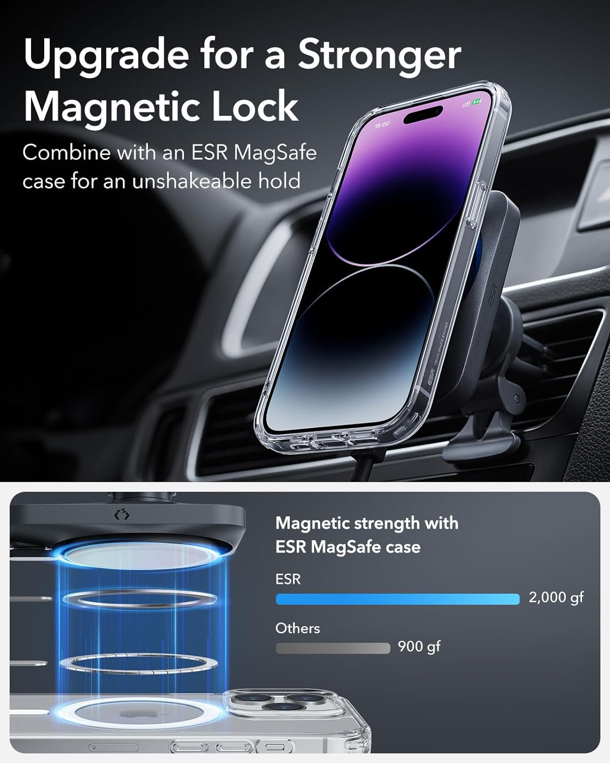 ESR 15W Magnetic Wireless Car Charger Mount with CryoBoost, Compatible with MagSafe Car Charger, Made for Apple-Certified, for iPhone 15\/14\/13\/12, Fast Charging, Phone-Cooling Charger, Cool Grey
