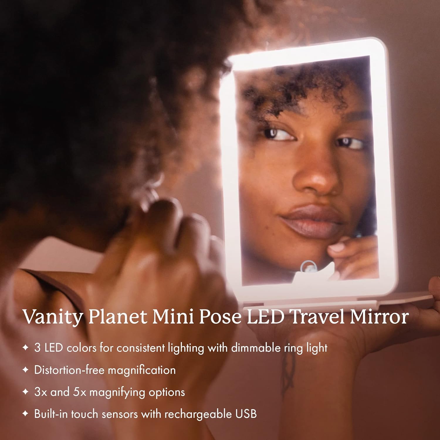 Vanity Planet Handheld Makeup Mirror with Lights, Mini Pose 2.0 (Blush) - Travel LED Mirror with 3X & 5X Magnification - Dimmable Lighting & Micro-USB Rechargeable Lighted Compact Mirror
