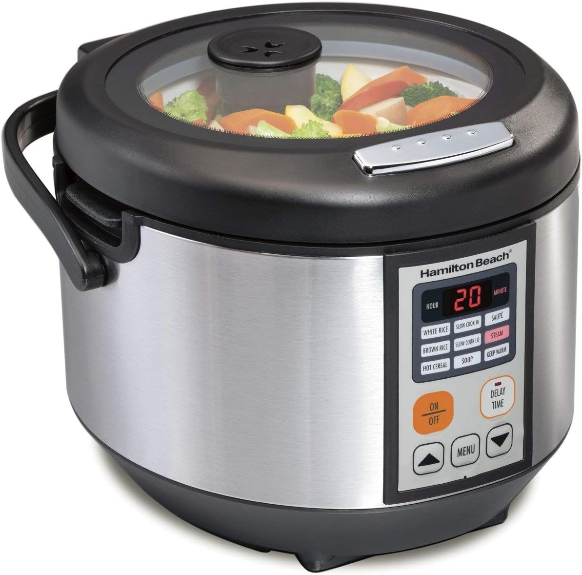 Hamilton Beach Digital Programmable Rice and Slow Cooker & Food Steamer, 20 Cups Cooked (10 Cups Uncooked), 12 Pre-Programmed Settings for Sauté, Hot Cereal, Soup, Nonstick Pot, Stainless Steel (37523)